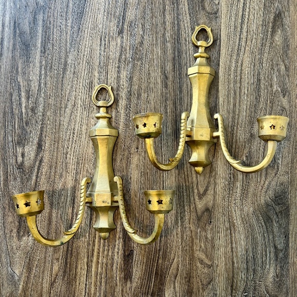Vintage Solid Brass Double Candle Holder Wall Sconces Made in India Star Motif - Picture 10 of 10
